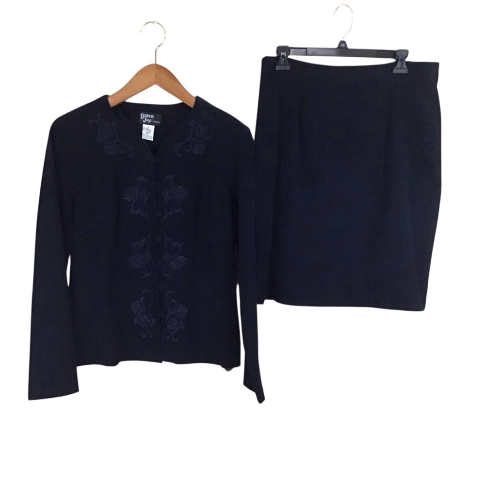 Dawn Joy Fashions Navy Blue Black Embroidered Skirt Suit Set 2PC Vintage Size 14